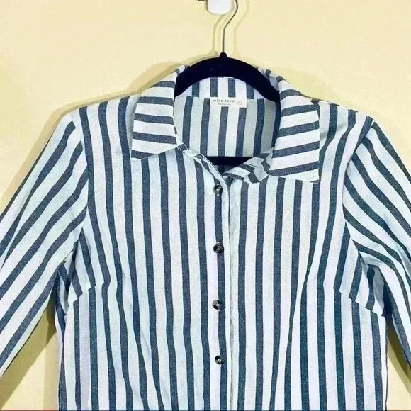 Miss Love Pinstripe Button Down Crop Top with Tie - Picture 2 of 11
